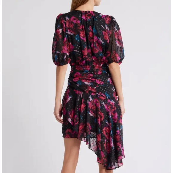 Chelsea28 Metallic Clip Dot Asymmetric Dress Black Tia Floral Pink Teal size XL - Picture 2 of 10